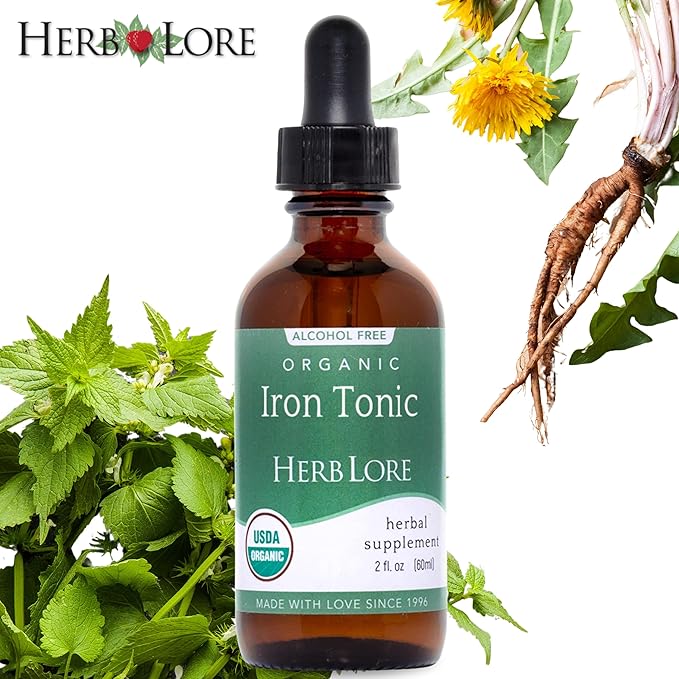 Herb Lore Iron Tonic - Organic Liquid Iron Drops Supplement for Kids & Women - Baby, Infant & Toddler Friendly - Plant Based, Vegan, Gentle, Non Constipating Herbal Tincture (2 fl oz)