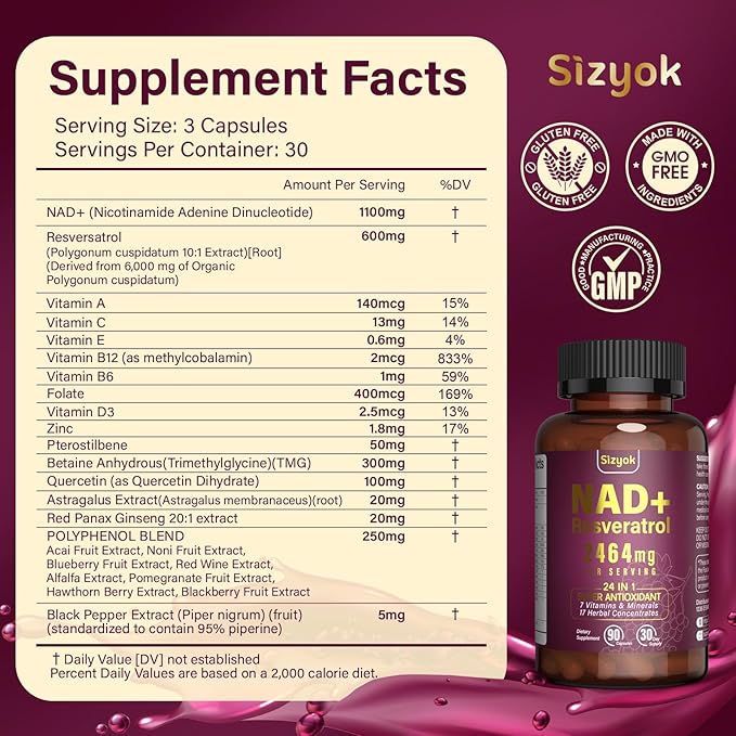 NAD Supplement 1100mg Pure Organic, Liposomal NAD Resveratrol Supplement for Women and Men, Boosts NAD+ Levels, Helps Aging Defense, Cellular Energy & Focus, Ultra-Antioxidant 90 Capsules, 2 Pack