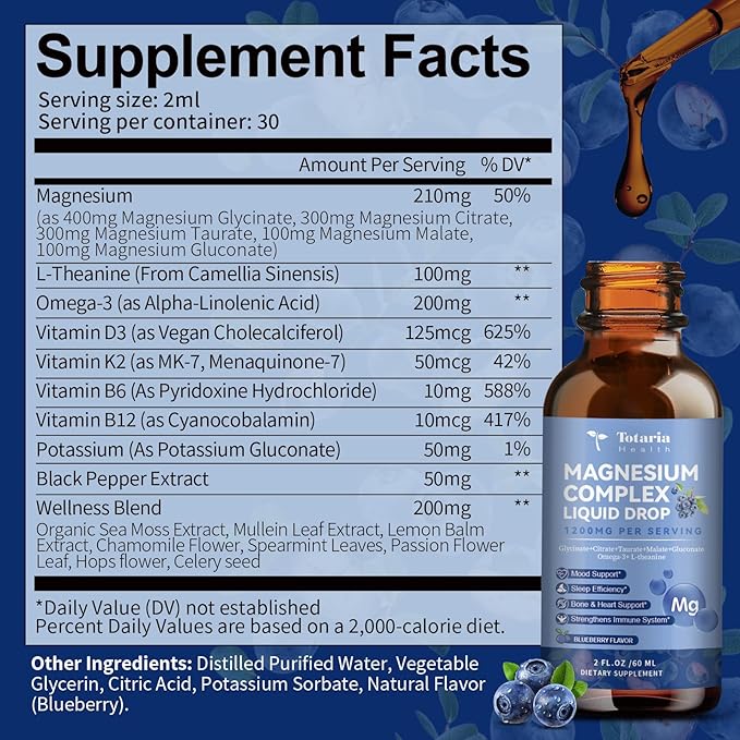 Magnesium Glycinate Liquid Drop 21 in 1 Magnesium Complex with Vitamin D3,K2,B6 & B12 Plus L-Theanine Omega-3 Sea Moss Extract for Energy,Sleep,Joint,Heart Health Sugar Free 2 Fl Oz (Pack of 2)