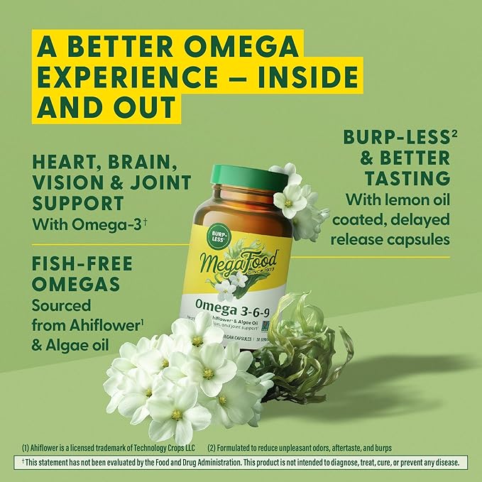 MegaFood Vegan Omega 3 6 9 - Burp-Less Supplement - 600 mg Plant-Based Omega-3 & 150 mg DHA Per Serving - Heart, Brain, Vision & Joint Support - Fish Oil Alternative - 60 Capsules, 30 Servings