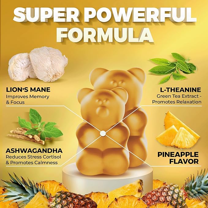 KEY ELEMENTS High Strength Extract Organic Lion's Mane Mushroom Gummies with Ashwagandha & L-Theanine - Potent Lion's Mane Brain Supplements for Memory & Relaxation - Mushroom Gummies for Focus