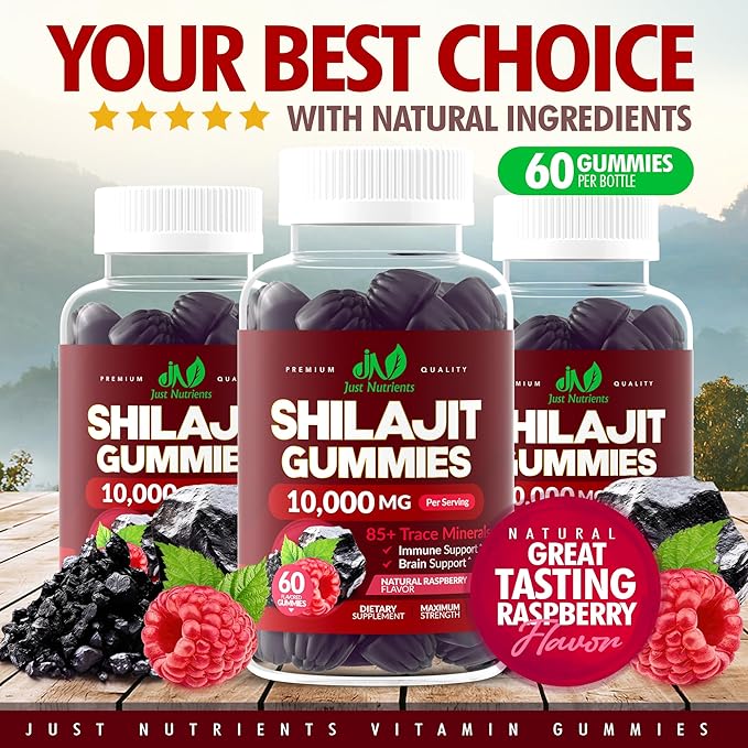 Shilajit Gummies 10,000mg for Men & Women - Maximum Strength Pure Himalayan Shilajit, Gluten-Free, Non-GMO, 100% Vegetarian - Natural Raspberry Flavor - 60 Count