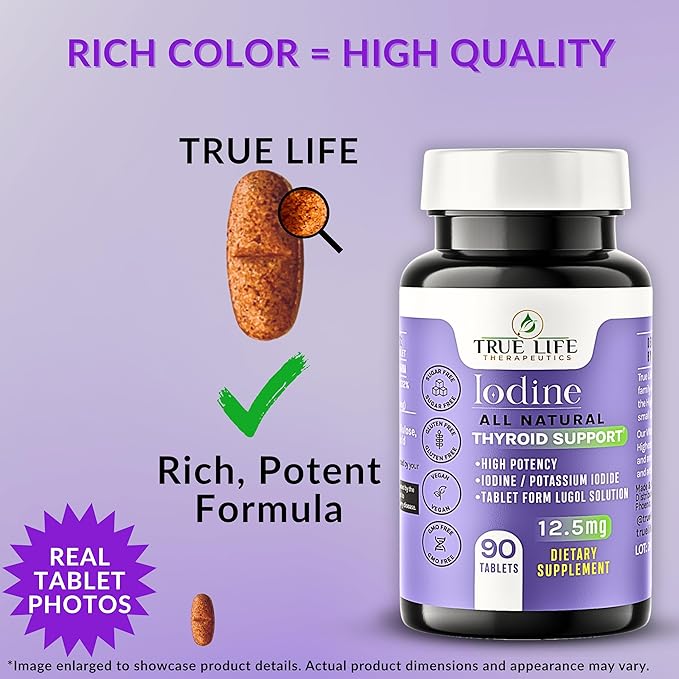 Lugol's Iodine Tablets 12.5mg x 90 ct - Reddish Brown Stable Iodine + Potassium Iodide Formula, Masks Bitter Liquid Taste, Thyroid Support, Detox, Breast Health - No Preservative, Non-GMO, Gluten-free