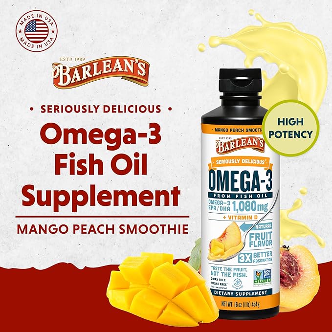 Barlean's Mango Peach Omega 3 Fish Oil Liquid Supplement with Vitamin D, 1080mg EPA & DHA Fatty Acid, Smoothie Flavored & Burpless for Brain, Joint, & Heart Health, 16 oz