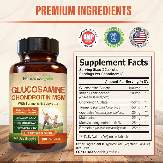 Glucosamine Chondroitin MSM with Turmeric & Boswellia Supplement | Joint Support Supplement Glucosamine Sulfate 1500mg | Joint Health Chondroitin Sulfate MSM Supplement for Women & Men - 180 Capsules
