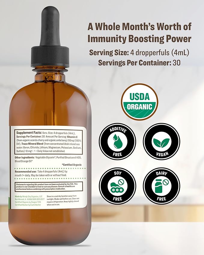 RawGuru Organic Vitamin C Tincture - Liquid Vitamin C with Trace Minerals - Nano-Processed Antioxidant & Immune Support Supplement Tincture - 30 Servings of Vegan Drops per 120 ml, Pack of 1