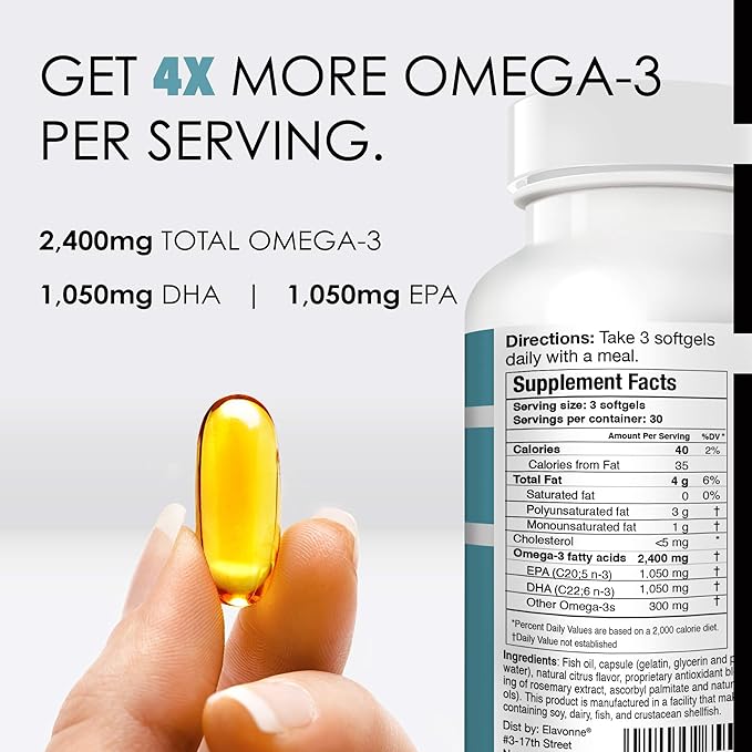 Norway Pure Omega-3 Fish Oil Softgels 2,400mg (90ct) - 4X Concentrated EPA & DHA, Triple Distilled, Burpless, Wild Caught, Skin & Hair, Joints, Heart Health