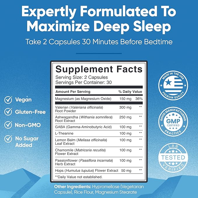 Sleep Easy Natural Sleep Aid Supplement | Magnesium, Ashwagandha, GABA, L-Theanine & 5 Calming Herbs | Melatonin-Free & Non-Habit Forming (60 Capsules)