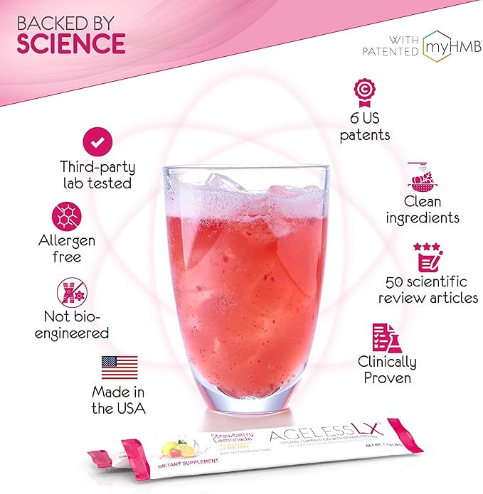 Powder Supplement for Women - with HMB Collagen Enhancer Plus Vitamin D3 with K2, Horsetail and Biotin for Lean Muscle and Stronger Hair and Nails - 30 Powder Packets Strawberry Lemonade