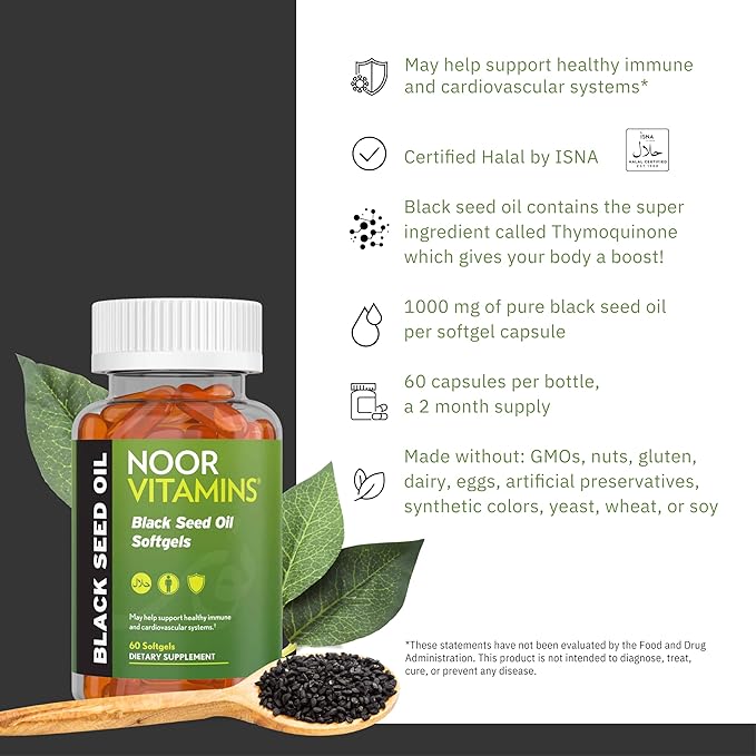 Noor Vitamins Halal Black Seed Oil Capsules, Halal Vitamins, 1000 mg Black Seed Oil from Nigella Sativa, Thymoquinone, Non-GMO, Gluten Free, 60 Count