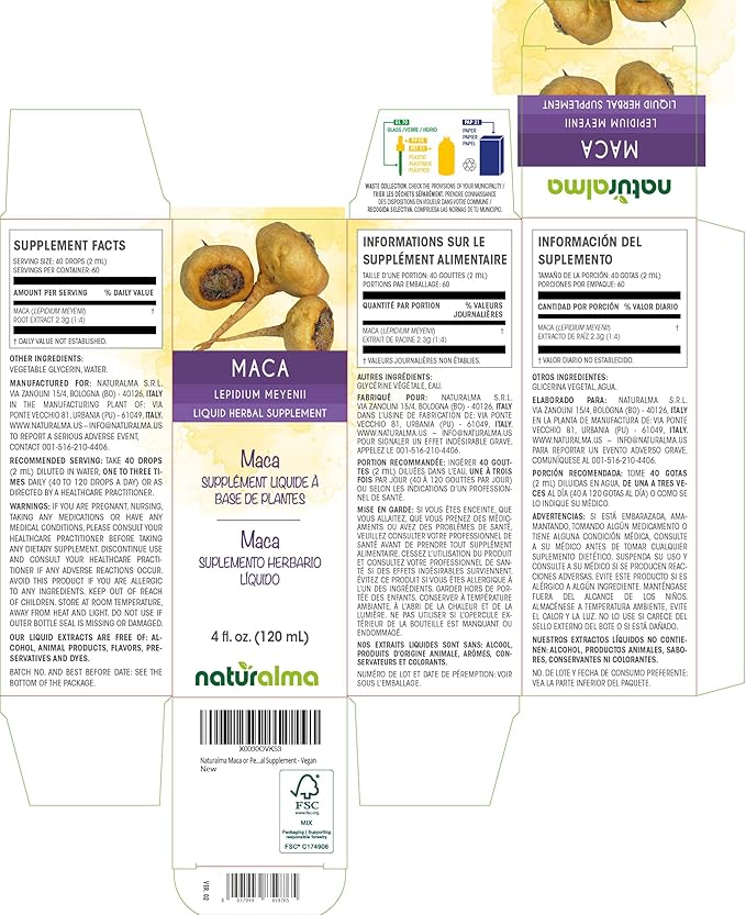 Naturalma Maca or Peruvian Ginseng (Lepidium meyenii or L. peruvianum) Root Alcohol-Free Tincture - 4 fl oz Liquid Extract in Drops - Herbal Supplement - Vegan