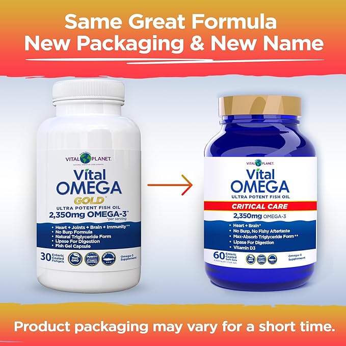 Vital Planet - Vital Omega 3 Fish Oil Critical Care Supplement with 2350mg of High Potency Wild Caught Omega 3 Fatty Acid Supplements EPA DHA and DPA for Heart Health 60 Softgels (Packaging May Vary)