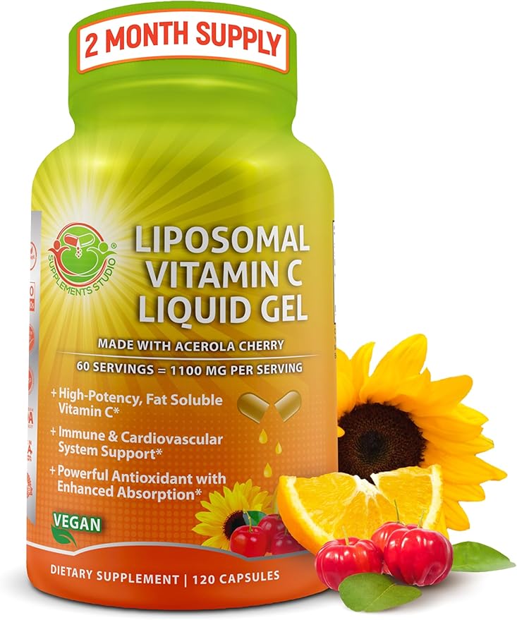 Liposomal Vitamin C Liquid Gel Capsules - 1100mg - Made with Organic Acerola Cherries, High Potency Vitamin C Liposomal Immune Support Supplement with Enhanced Absorption & Bioavailability - 120 count