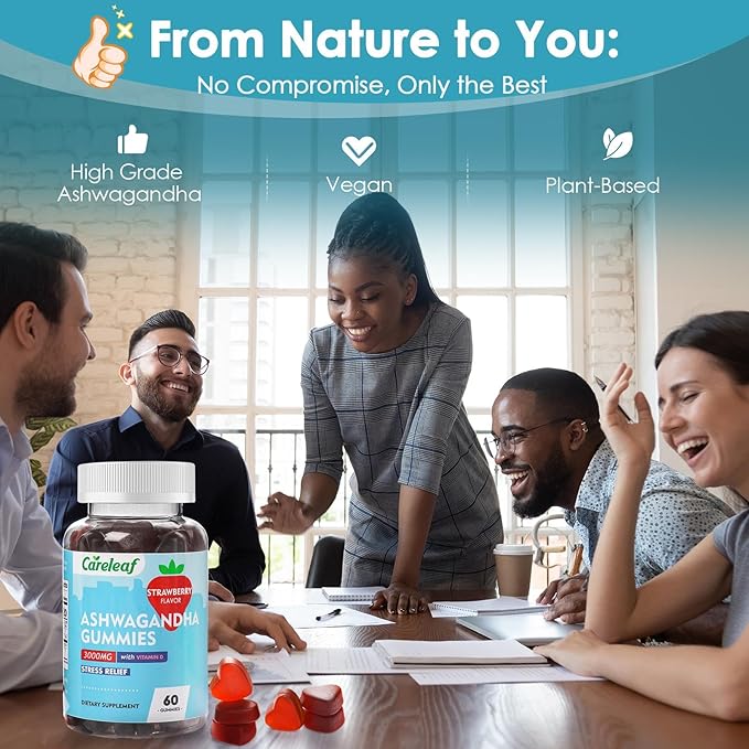 Vegan Ashwagandha Gummies-3000mg High Potency Ashwagandha Root Extract with Vitamin D2 | Strawberry Flavor | 60 Cts/Bottle