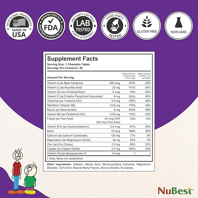 NuBest Tall Kids for Age 2 to 9 - Grow Taller, Height Growth, Immunity and Bone Strength - Kids Vitamins, Toddlers Vitamins - 60 Chewable Berry Tablets | 3 Pack