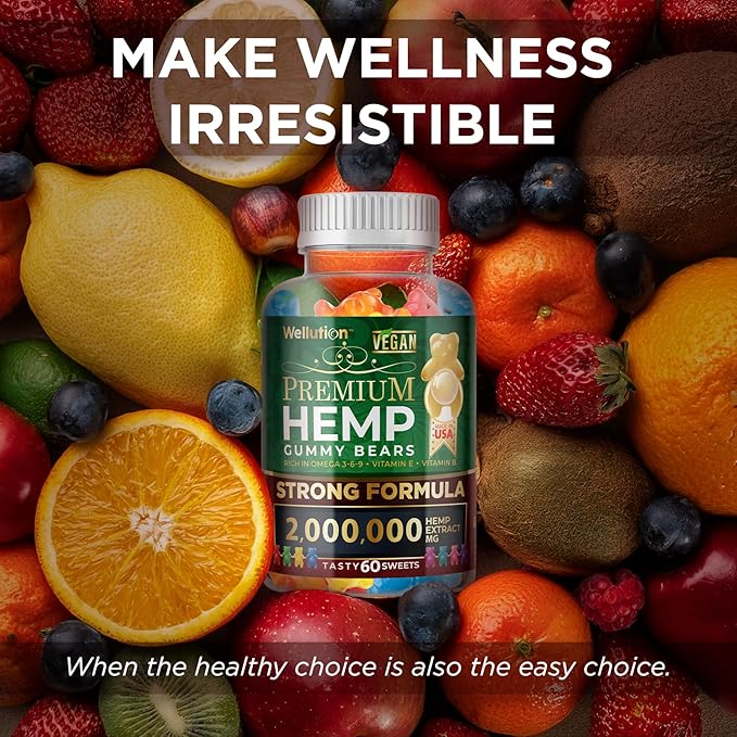 WELLUTION Hemp Gummies XXL 2,000,000 MCG - Vegan Gummy Bears with Natural Hemp Oil, Omega 3-6-9, Vitamins A & D - 60ct