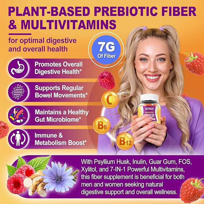 Fiber Gummies with Probiotics for Adults, 7G Soluble Fi ber + Insoluble Fi ber, Sugar Free with Psyllium Husk, Inulin, Fos, Multivitamins for Daily Digestive Health, Regularity Gut Support, Pack of 2