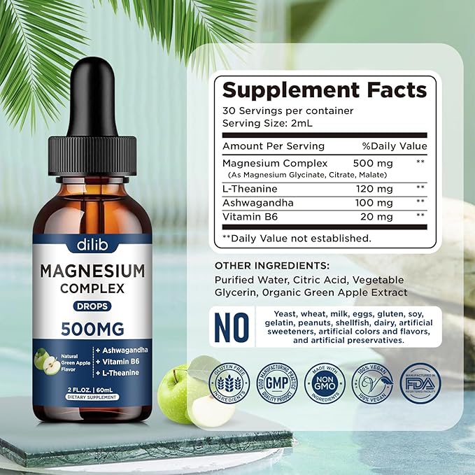 Triple Magnesium Complex Supplement-Magnesium Glycinate, Citrate, Malate Liquid Drops 500mg with Ashwagandha, L-Theanine, B6 for Calm, Stress Relief, Sleep, Muscle Support-Green Apple Flavor