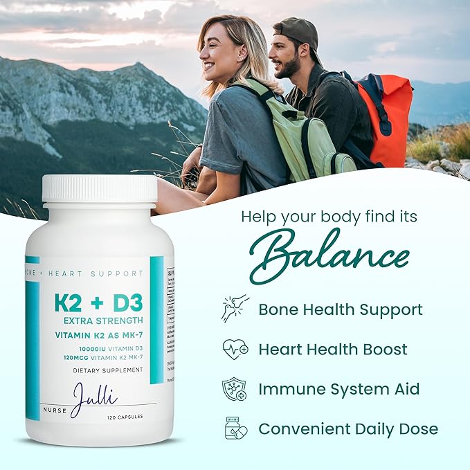 Vitamin K2 + D3 Extra Strength Supplement - 120 Capsules with MK-7 for Bone and Heart Health Support - Essential Nutrients for Calcium Absorption and Immune Function