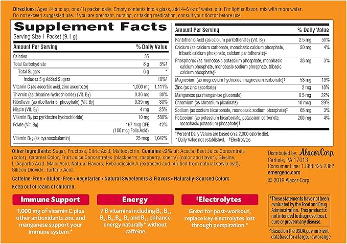 Emergen-C 1000mg Vitamin C Powder, with Antioxidants, B Vitamins and Electrolytes, Vitamin C Supplements for Immune Support, Caffeine Free Drink Mix, Raspberry Flavor - 60 Count/2 Month Supply