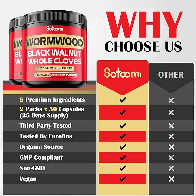 Satoomi [2 Packs - 50 Capsules - 5 in 1 Wormwood Capsules Supplement - Extracted from Black Walnut Whole Cloves Turmeric and Berberine HCl Immune System & Digestion Health