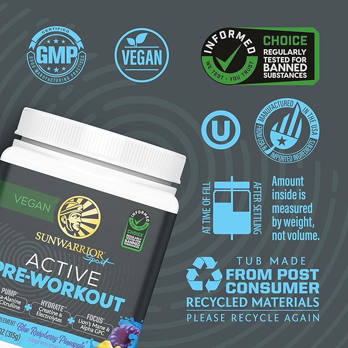 Sunwarrior Pre Workout Powder Energy Drink Vegan Plant-Based Supplement Pump, Hydrate, Focus, Endurance, & Strength Builder Blue Raspberry Pineapple Flavored 30 Servings Active Preworkout