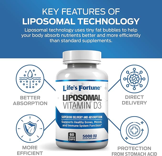 Life's Fortune Liposomal Vitamin D3 5000 IU Supplement Non-GMO, High Absorption, Supports Healthy Bones Mood and Immune System Function, 60 Veggie Caps