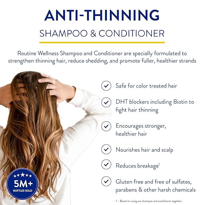 Routine Wellness Anti-Thinning Shampoo and Conditioner Set for Thinning Hair - Biotin DHT Blocker Women & Men - Color Safe Shampoo for Hair Loss & Healthier Hair - Orchid & Apricot (Pack of 2)