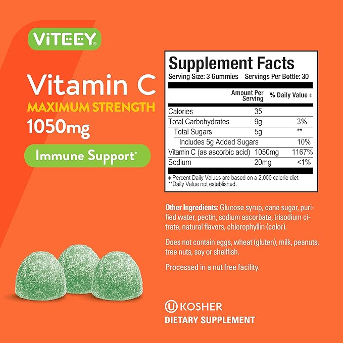 Vitamin C Gummies for Adults & Teens, 1050mg Maximum Strength - Immune Support Gummies - Immune Booster - Vegan, Gelatin Free, Gluten Free - Tasty Vitamin C Chewable Sour Apple Flavored Gummy