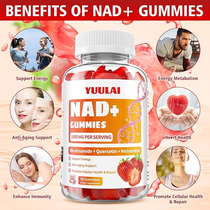 Pack of 2 NAD+ Gummies, NAD Supplement for Women - NAD Nicotinamide Riboside Resveratrol 1000MG, NAD+ Plus Supplement Gummies for Anti-Aging, Cell Regeneration & Energy, Strawberry, 120 Count