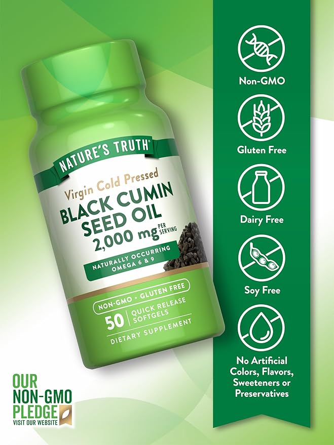 Nature's Truth Black Cumin Seed Oil 2000 mg | 50 Softgels | Cold Pressed Pills | Non-GMO, Gluten Free