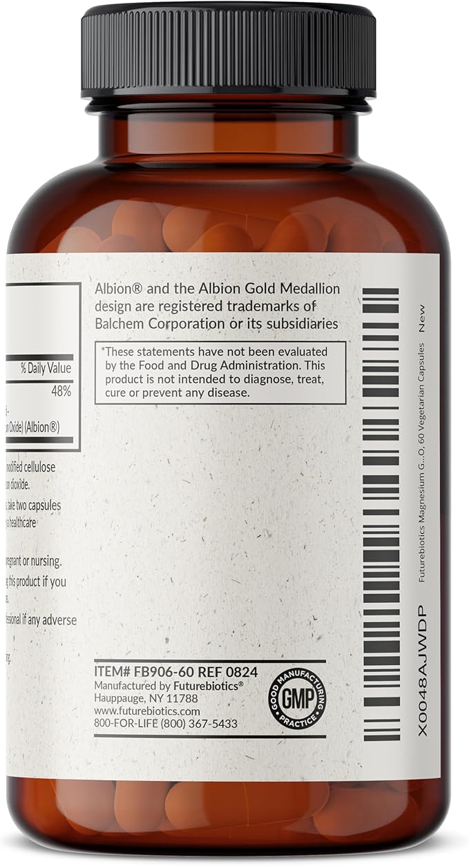 Futurebiotics Magnesium Glycinate 200 MG per Serving Chelated for High Absorption, Gentle On Stomach, Non-GMO, 60 Vegetarian Capsules