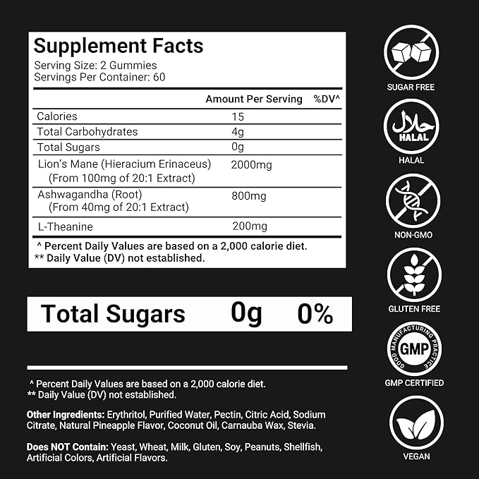 Lions Mane Gummies Sugar Free – 120 Gummies for Clarity & Brain Nutrition Support - Lion's Mane Mushroom 3000mg with Ashwagandha & L-Theanine – Brain & Mood Supplement – Focus, Memory, Calm