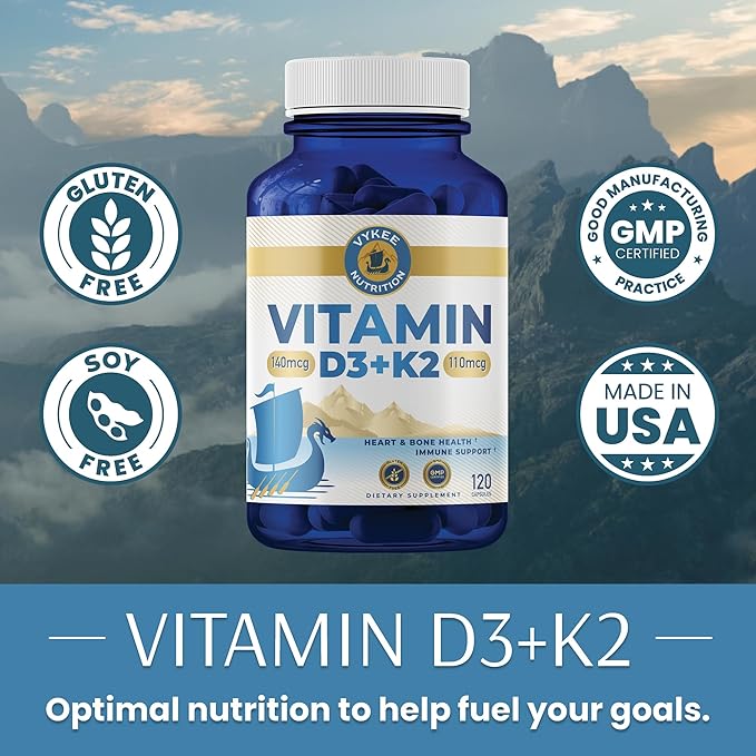 Vitamin D3 K2 Complex - Ultimate Absorption 140mg D3 & 110mg K2 (MK-7) | Vegan, Non-GMO | Supplement for Bone, Teeth, Muscle, & Heart Health | 120 Capsules