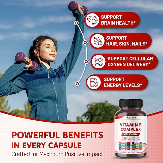 Ultra Vitamin B Complex with Vitamin C – Supports Brain Health & Promotes Healthy Hair, Skin, and Nails – High Potency B1, B2, B3, Folate, B12, Biotin, B5 & Choline - Made in The USA