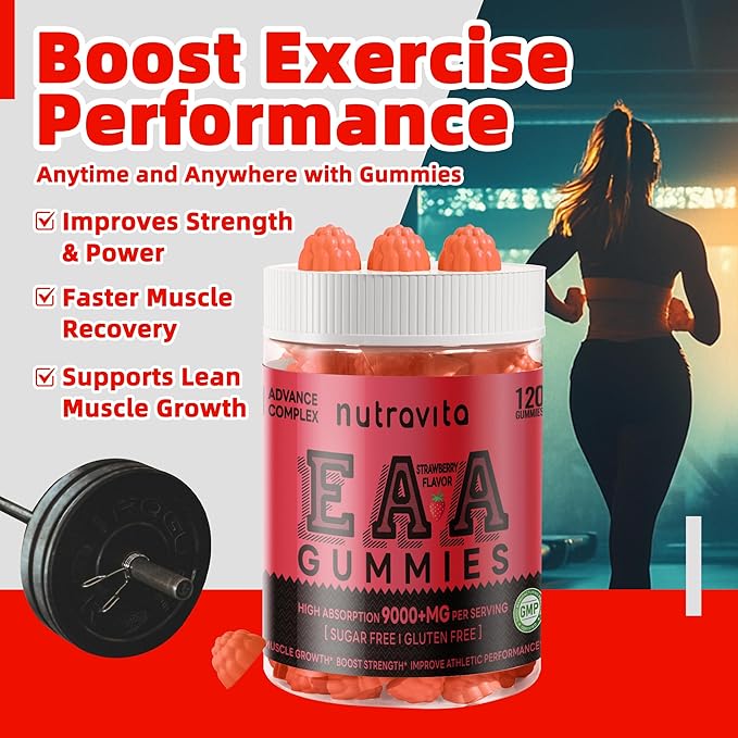 EAA Gummies 120 Gummies (Strawberry), 9000 mg Essential Amino Acids - All 9 Essential Aminos (EAA) and All Branched-Chain Aminos (BCAAs), Non-GMO, Gluten Free, Vegetarian Friendly