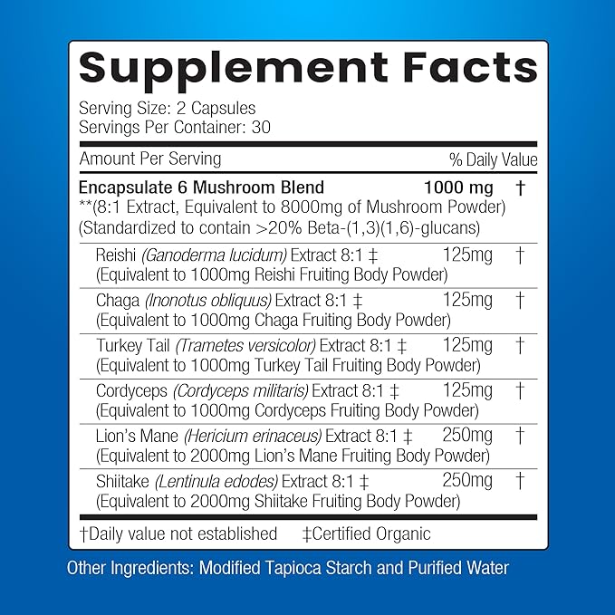 ENCAPSULATE 6 Mushroom Blend – Reishi, Chaga, Turkey Tail, Cordyceps, Lion’s Mane & Shiitake 8:1 Mushroom Extract – Nootropic & Adaptogen Mushroom Supplement for Gut, Brain & Immune Support - 120 Caps