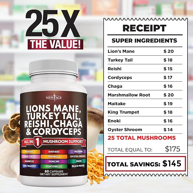 NEW AGE Lions Mane Mushroom Supplement with Turkey Tail Reishi Cordyceps Chaga with Marshmallow Root - 120 Count