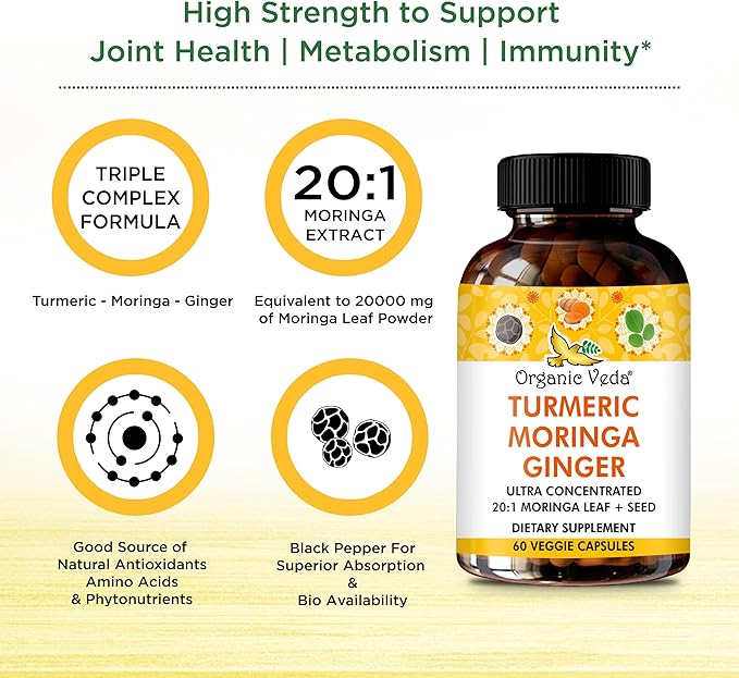 Organic Veda Turmeric Moringa Ginger Capsules - Super Antioxidants & Curcumin Supplement with 20:1 Moringa Leaf & Seed Extract, Black Pepper - Energy, Joints, Heart Health Support - 60 Vegan Pills