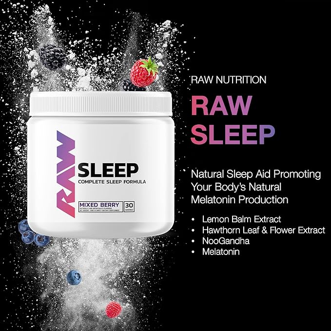 RAW Natural Sleep Aid Supplement - Relaxation Enhancer & Mood Support with Melatonin, Magnesium, Zinc, L-Tryptophan & Lemon Balm Extract to Relax & Calm The Mind & Body - 30 Servings, Mixed Berry