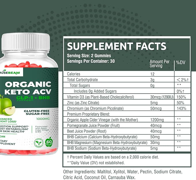 Organic Keto ACV Gummies Advanced Weight Loss - Gluten & Sugar Free Belly Fat Burner Apple Cider Vinegar Diet Supplement for Women Men (1000MG)