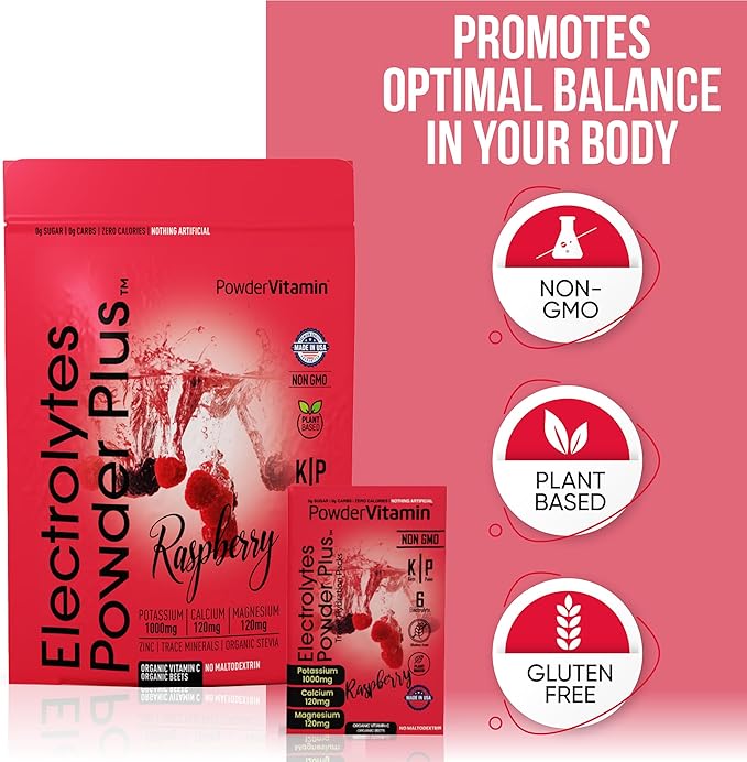 Electrolytes Powder Plus, Keto, Raspberry, Sugar Free, Pink Himalayan Salt, 1000mg Potassium, 120mg Calcium, 120mg Magnesium, Non-GMO, Zero Calories, (16 Hydration Packets)