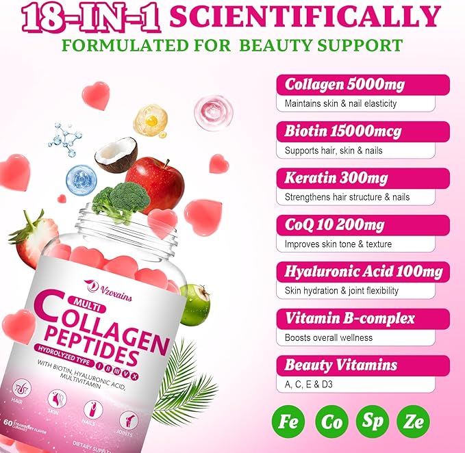 Collagen Peptides Gummies 5000MG, Collagen Gummies for Women & Men, Type I,II,III,V,X Protein with Biotin, Hyaluronic Acid, Vitamin C for Healthy Skin | Strawberry Flavored, Sugar Free, 120 Cts