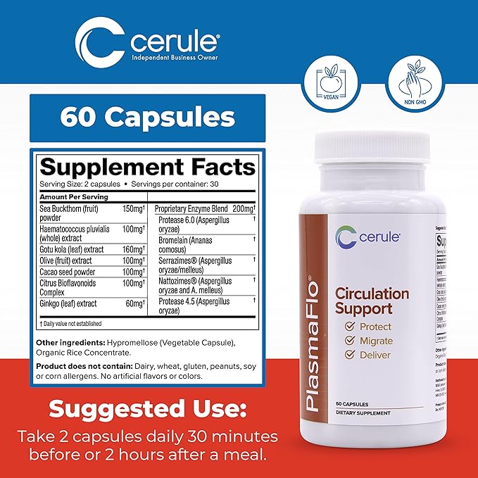 Cerule Plasmaflo Blood Flow Supplement to Support Bloods Circulation in Veins, Capillaries, Vessels and Heart for Vascular Health with a Proprietary Enzyme Blend, Gotu Kola and Ginkgo Biloba