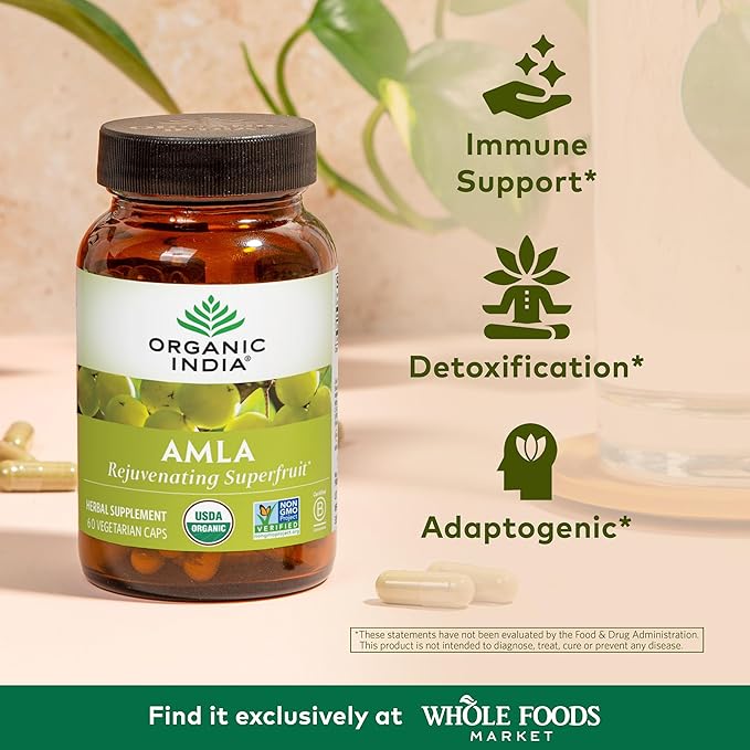 ORGANIC INDIA Amla Capsules Organic - Indian Gooseberry Herbal Vitamin Supplement, Amla Supplement, Immune Support, Vegan, Gluten-Free, Ayurvedic, Antioxidant, Non-GMO - 60 Capsules