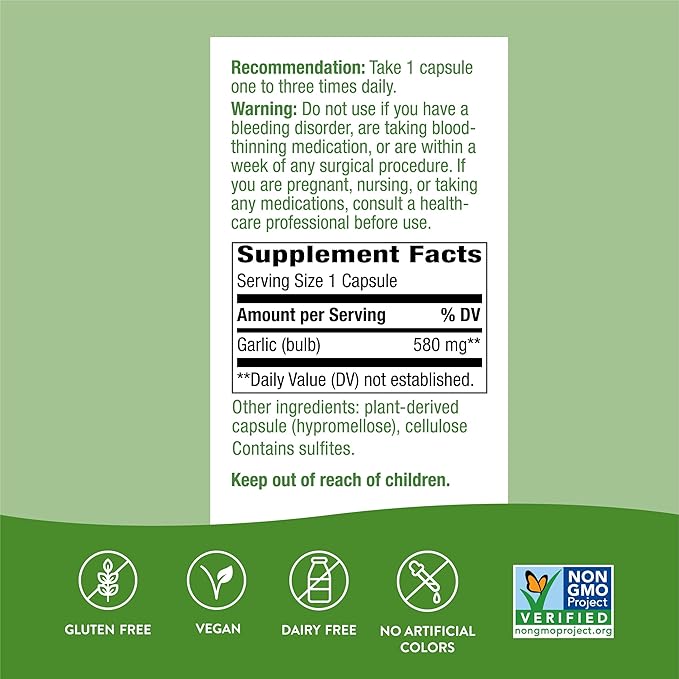 Nature's Way Garlic Bulb, Supports Heart Health*, 100 Vegan Capsules (Pack of 2)