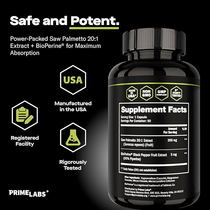 Prime Labs Saw Palmetto for Men (2-Pack) - Prostate & Urinary Health Supplement, Hair Loss Support, DHT Blocker - 20:1 High-Potency 350mg of Saw Palmetto Extract per Serving