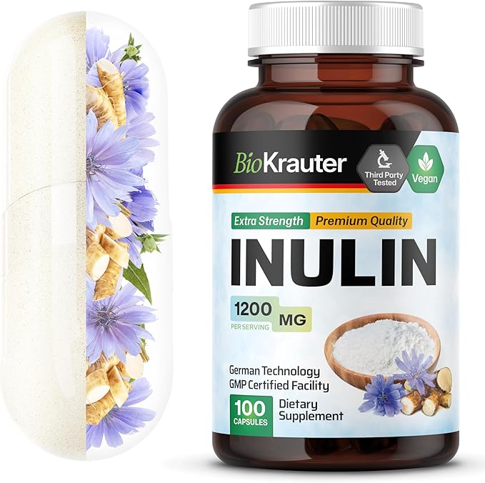 BIO KRAUTER Inulin Powder Capsules - 1200 mg Strength - 100 Count - Pure Soluble Fiber Supplements - Chicory Root Fiber Capsules for Digestive Support - Vegan