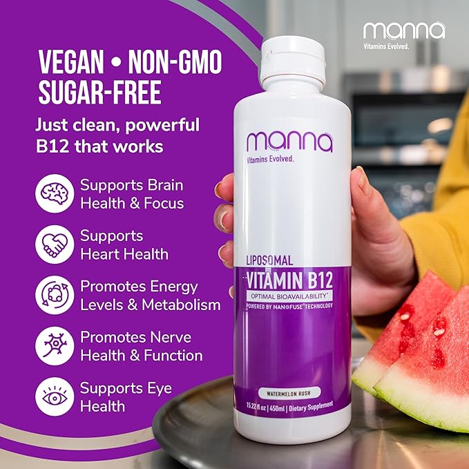 Manna Vitamins Evolved Liposomal Vitamin B12 – High Absorption Methylcobalamin for Energy, Focus, Brain, and Heart Support – Vegan, Non-GMO B12 Supplement – 10x Better Absorption
