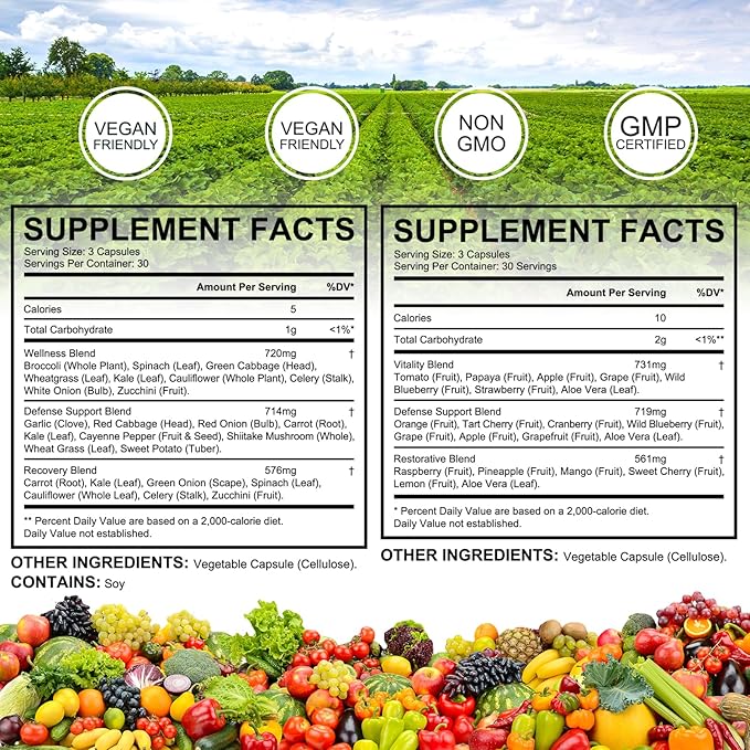 Fruits and Vegetables Supplements,Fruit and Veggies Supplement -90 Fruit & 90 Vegetables High Fiber Supplement for Immunity, Gut & Energy, Superfood Formula, Vegan